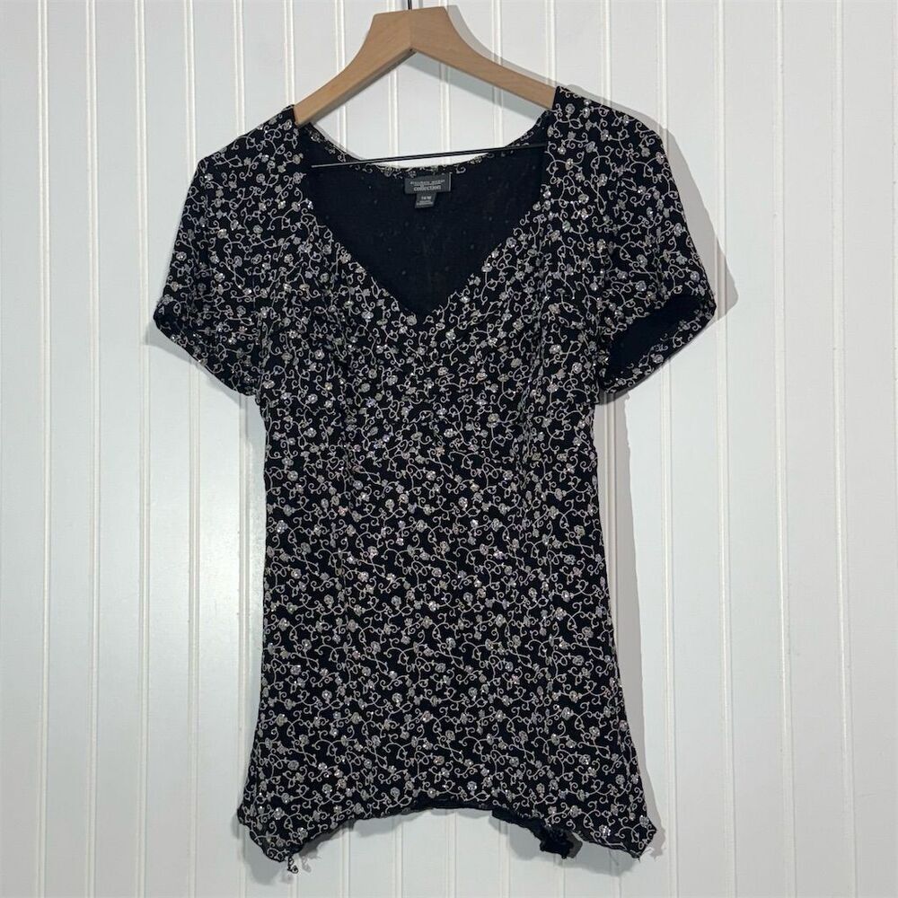 VTG Black Glitter Floral Blouse 14/16 Y2K‎ Ruched Mesh V-Neck Asym Hem USA Made